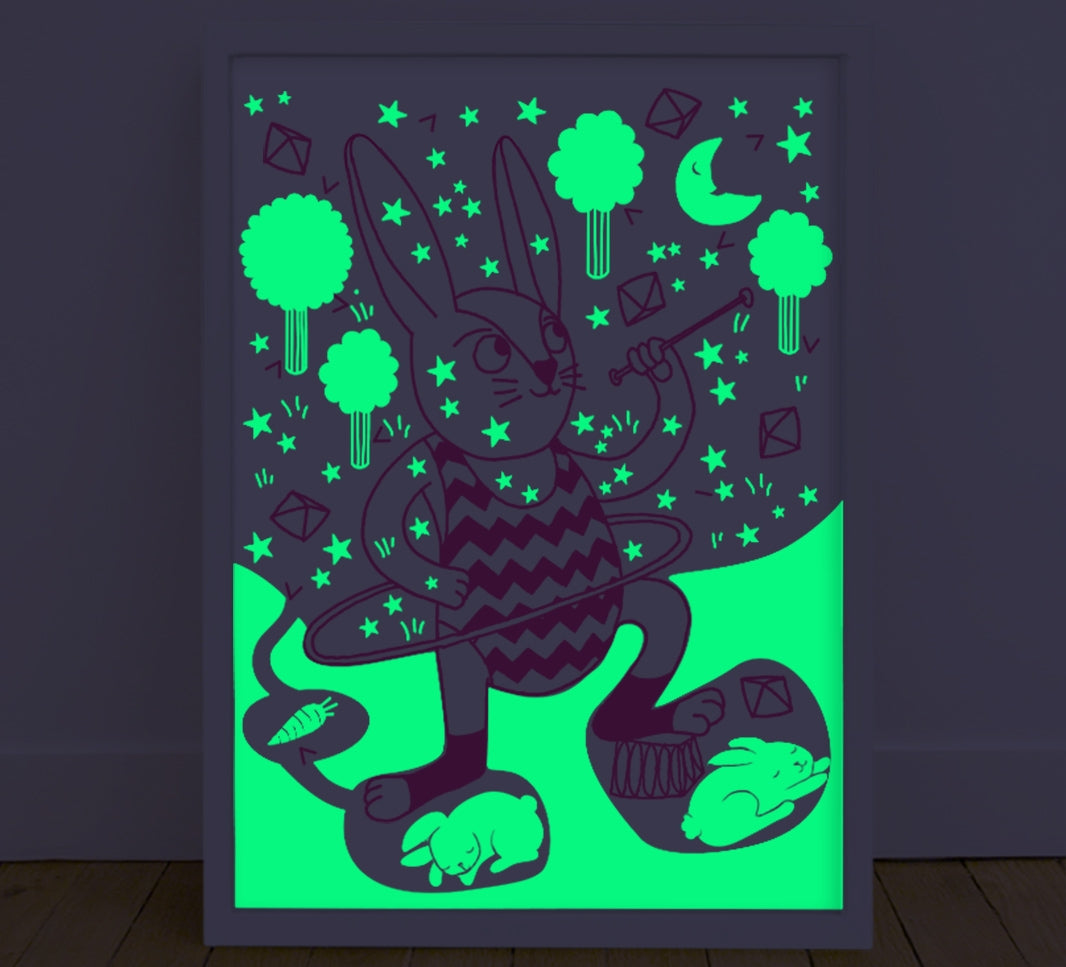 Glow in the dark bunny poster featuring burrowed bunny
